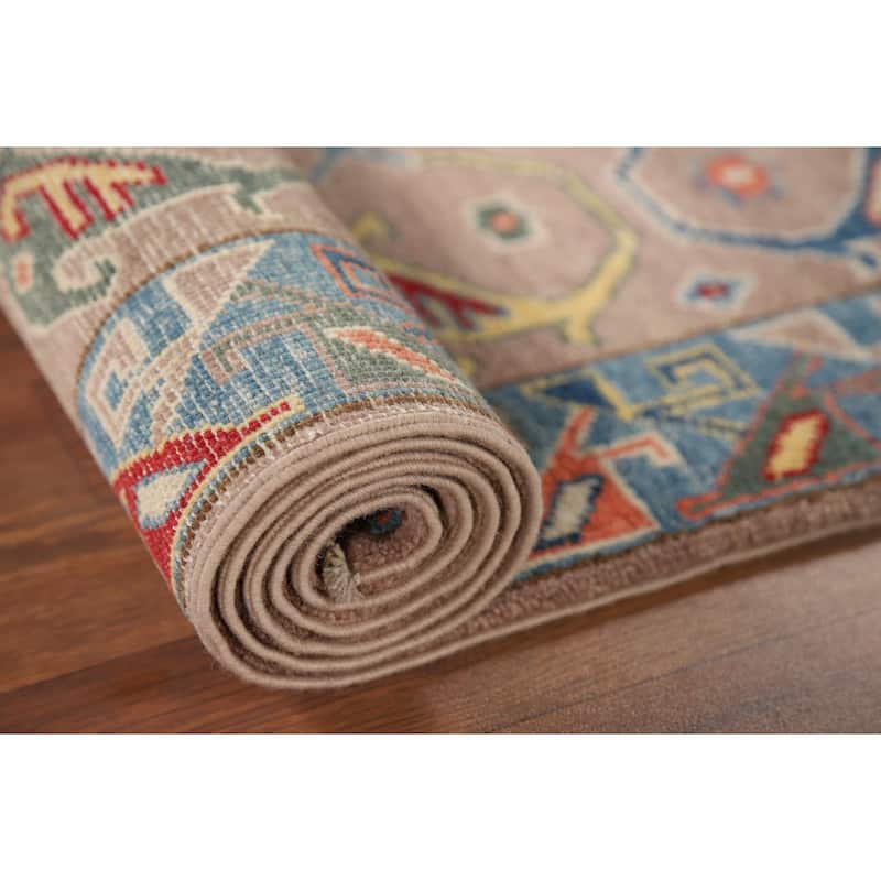 Geometric Kazak Oriental Runner Rug Handmade Red Wool Carpet - 2'7" x 9'7"