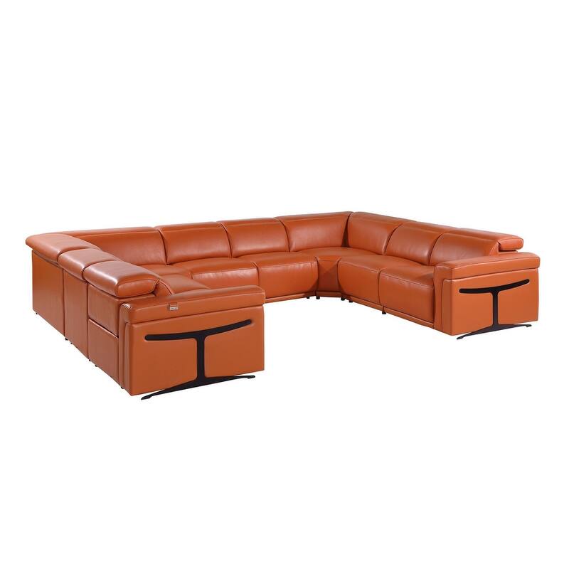 HomeRoots Camel Italian Leather Power Reclining U Shaped Eight Piece Corner Sectional With Console