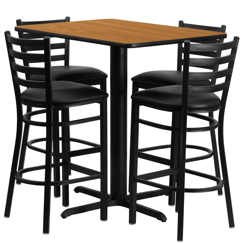 24''W x 42''L Rectangular Laminate Table Set with 4 Ladder Back Metal Barstools - natural top/black vinyl seat