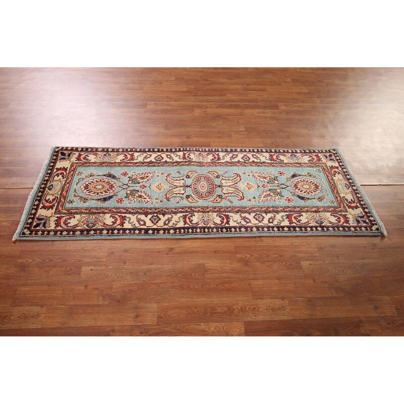 Light Blue Floral Kazak Oriental Runner Rug Hand-Knotted Wool Carpet - 2'1" x 5'11"