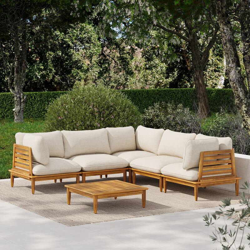 Scott Living Sacova Outdoor Acacia Wood V Shape Seating Set, Teak Finish Frame with Beige Cushion