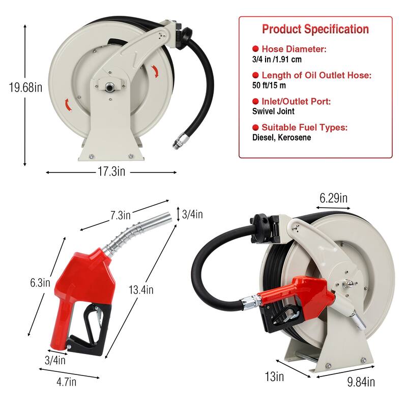 Fuel Hose Reel Retractable 3/4'' 50ft with Fueling Nozzle, Diesel Fuel Hose Reel
