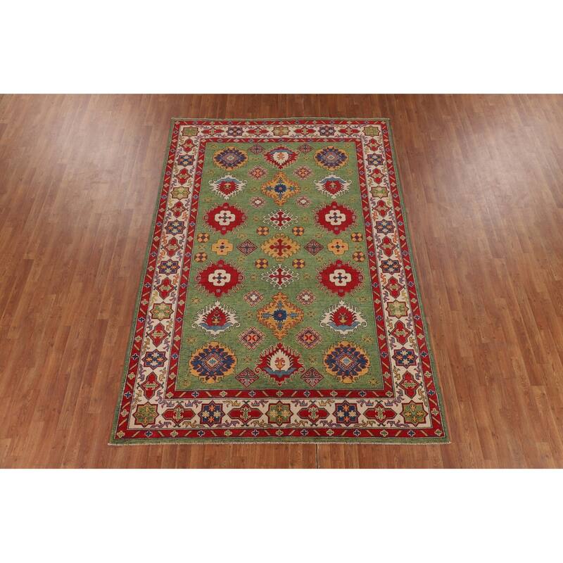 Green Kazak Oriental Area Rug Hand-Knotted Wool Carpet - 6'8" x 9'7"
