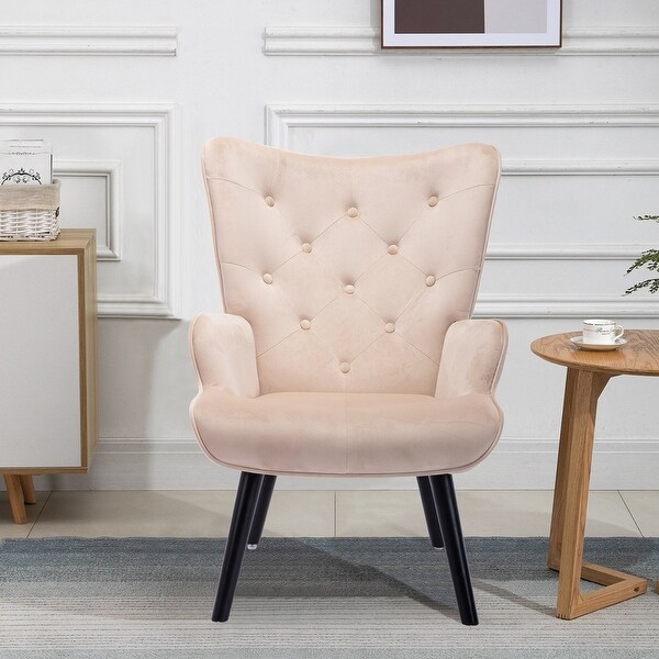 Velvet Upholstered Tufted Wingback Living Room Chair With Wooden