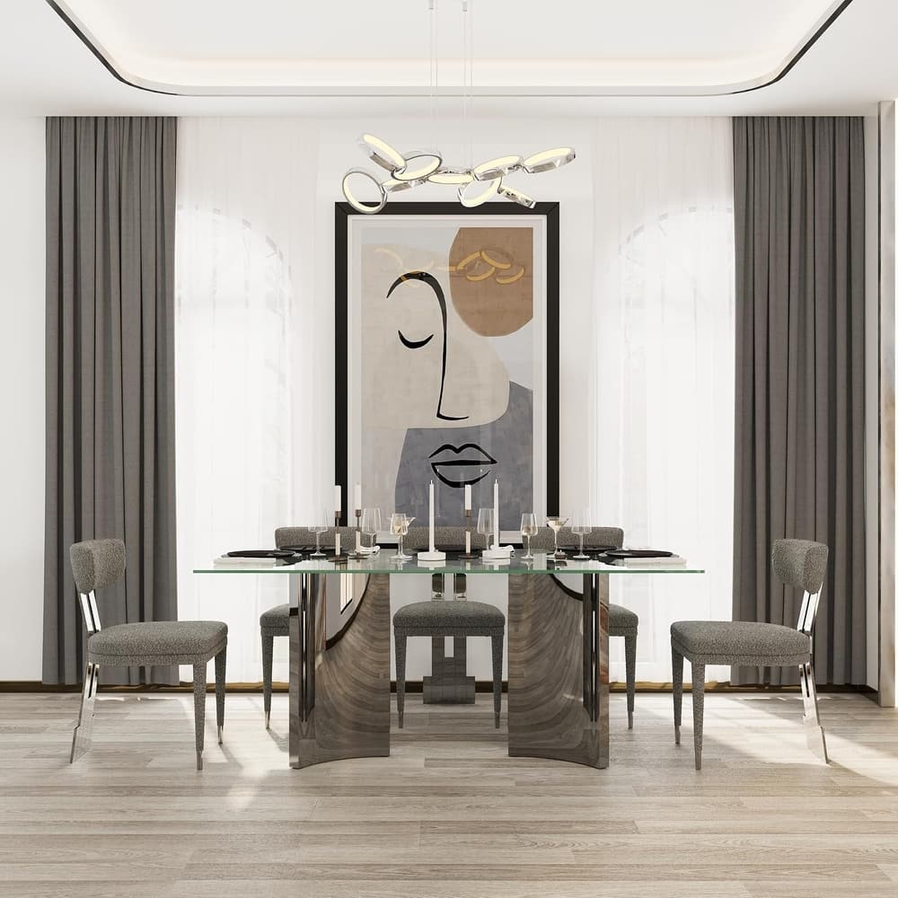 70 inch Clear Tempered Glass Dining Table Set with Grey Boucle Dining Chairs