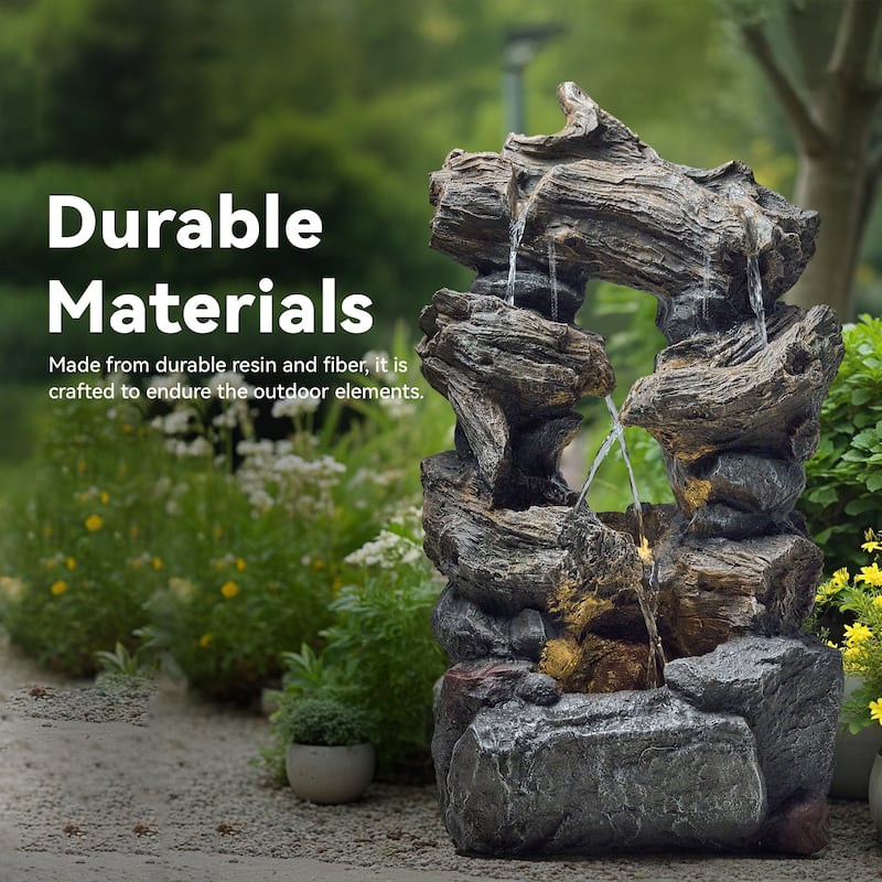 Outdoor 4-Tier Hand Crafted Polyresin Rainforest Wood Weather Resistant Fountain
