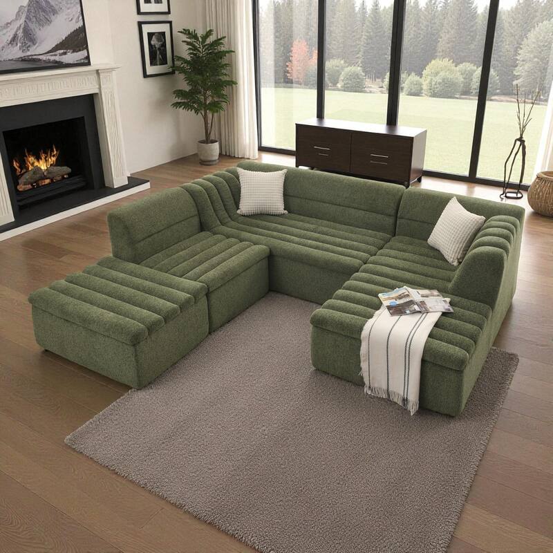 135" Chenille U-Shaped Modular Sectional Couch with Chaise, Movable Ottoman, Deep Seat Boneless Sofa for Living Room