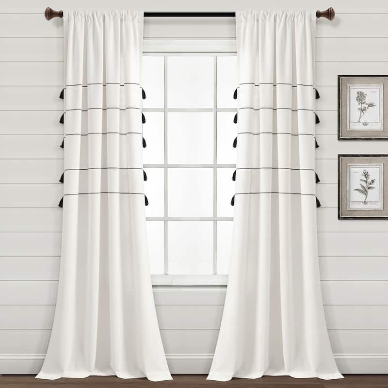 Lush Decor Farmhouse Boho Stripe Woven Tassel Yarn Dyed Cotton Window Curtain Panel Pair - 84 Inches - Ivory & Black