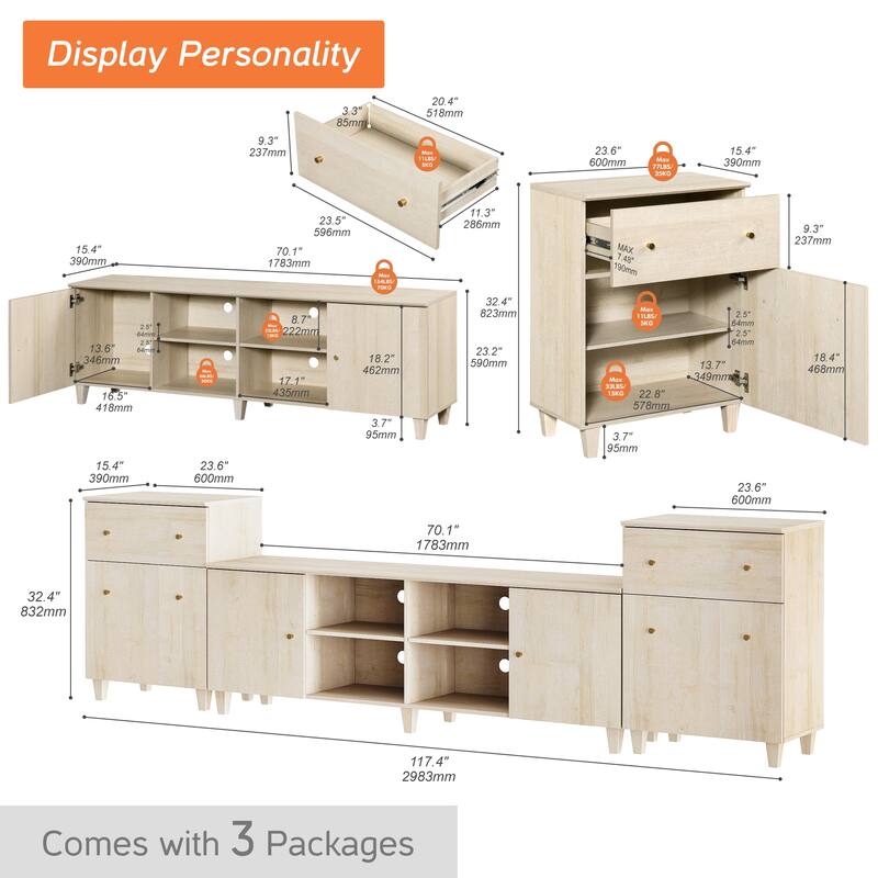 WAMPAT 3 in 1 TV Stand with Cabinets and Drawers for 75 inch TVs