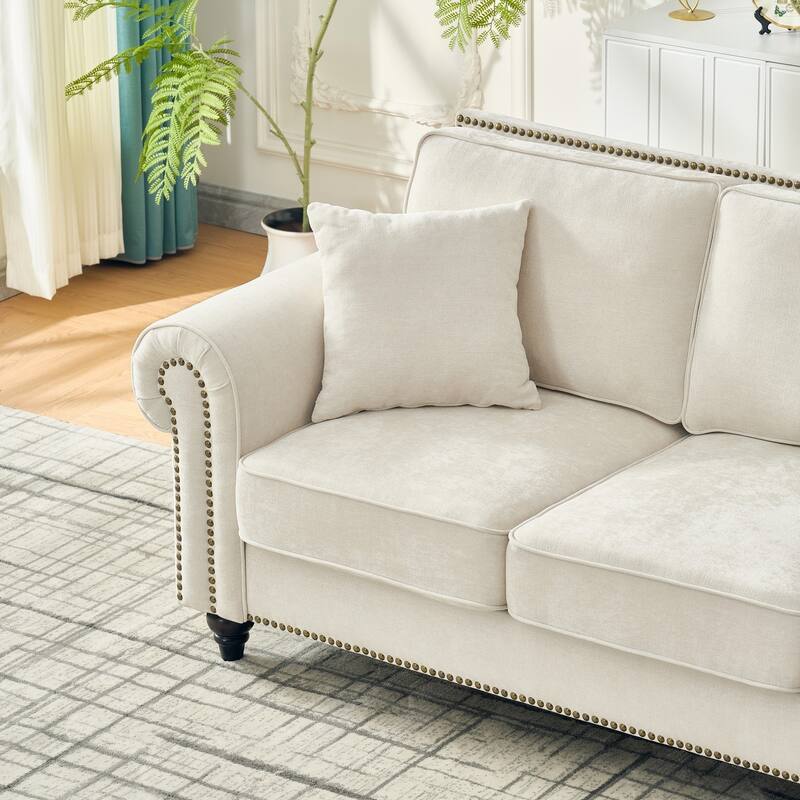 Chenille Upholstered 3 Seater Sofa, Oversized Sofa with Rolled Arms, Deep Seat Couch with Nailhead Trim & Wood Legs