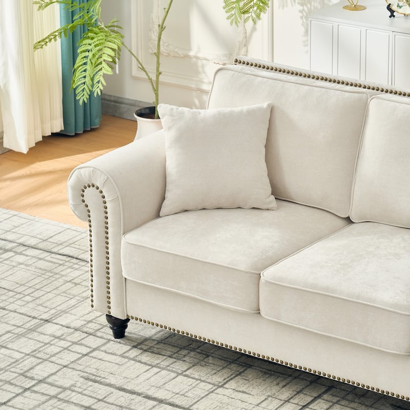 Loveseat with Rolled Armrest, Chenille Upholstered Fabric Sofa, 2-Seater Couch with Solid Wood Legs & Nailhead Trim