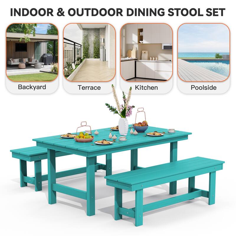 3-Piece HDPE Outdoor Dining Set with Umbrella Hole Table and Two 2-Person Benches