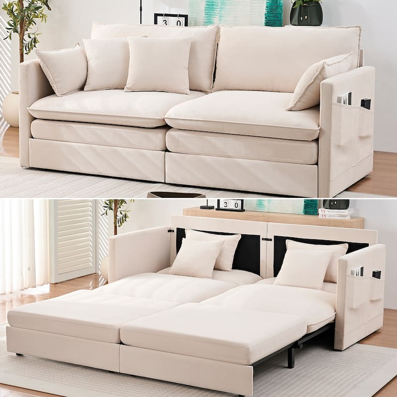 Mixoy 77.95'' lce Velvet 3-in-1 Convertible Loveseat Sleeper Sofa Bed with Side Pockets,Pull Out into Chaise Lounge/Sleeper Bed - Beige - 77.95''*83''*29.53''