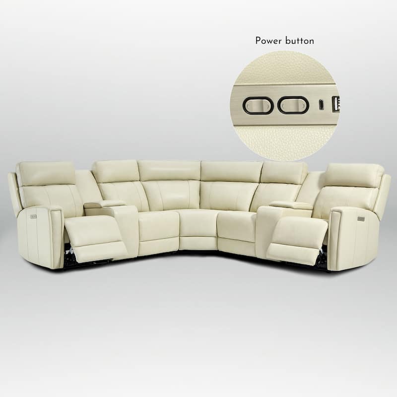Genuine Leather Power Recliner Sectional Sofa with Ajustable Headrest, USB&USB-C Port