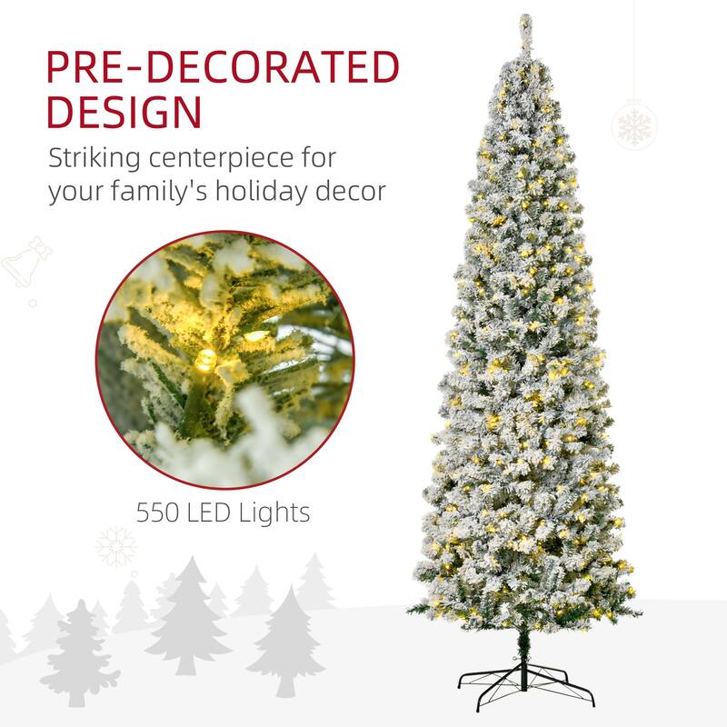 HOMCOM Pre-Lit Snow-Flocked Slim Douglas Fir Tree - Realistic Branches, LED Lights - Green