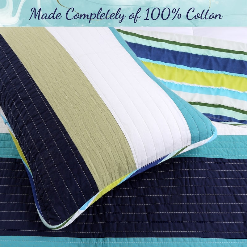 Cozy Line Aquamarine Stripe Patchwork Navy Blue Green Star Dot Cotton Reversible Quilt Bedding Set