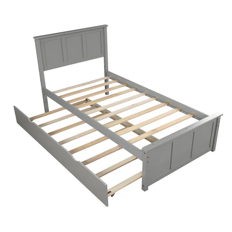 Modern Platform Bed with Pull-out Trundle Bed, Twin Size Wooden Bed Frame with Slats Support for Bedroom Apartment