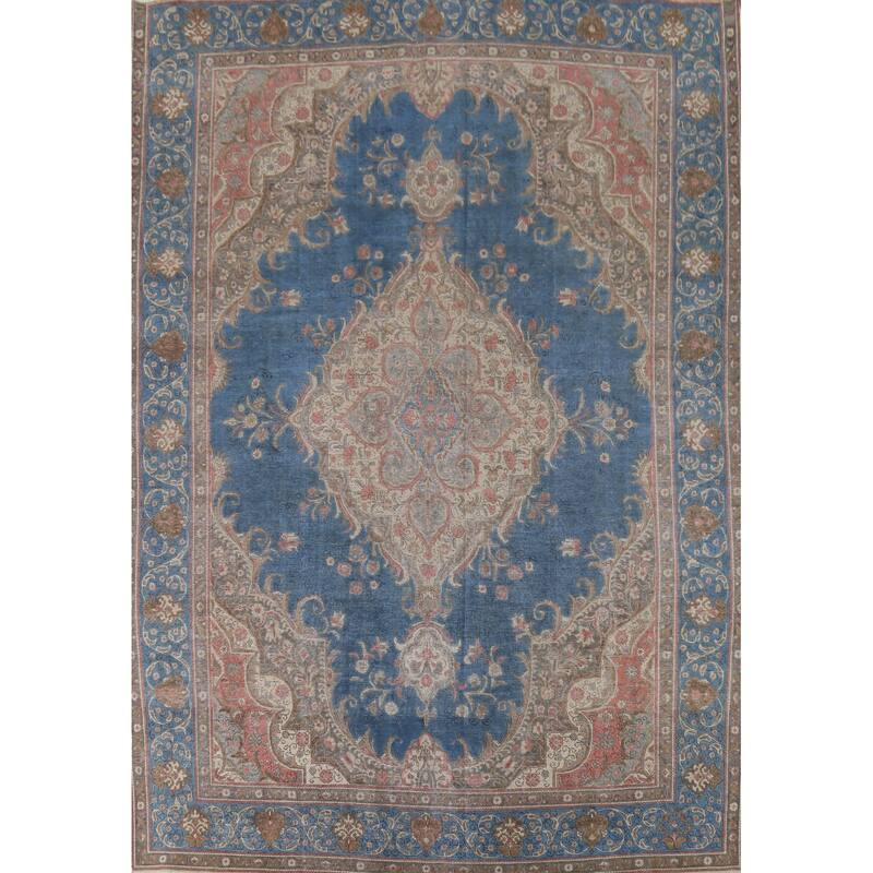 Distressed Tabriz Persian Vintage Rug Hand-Knotted Blue Wool Carpet - 10'0"x 13'4"