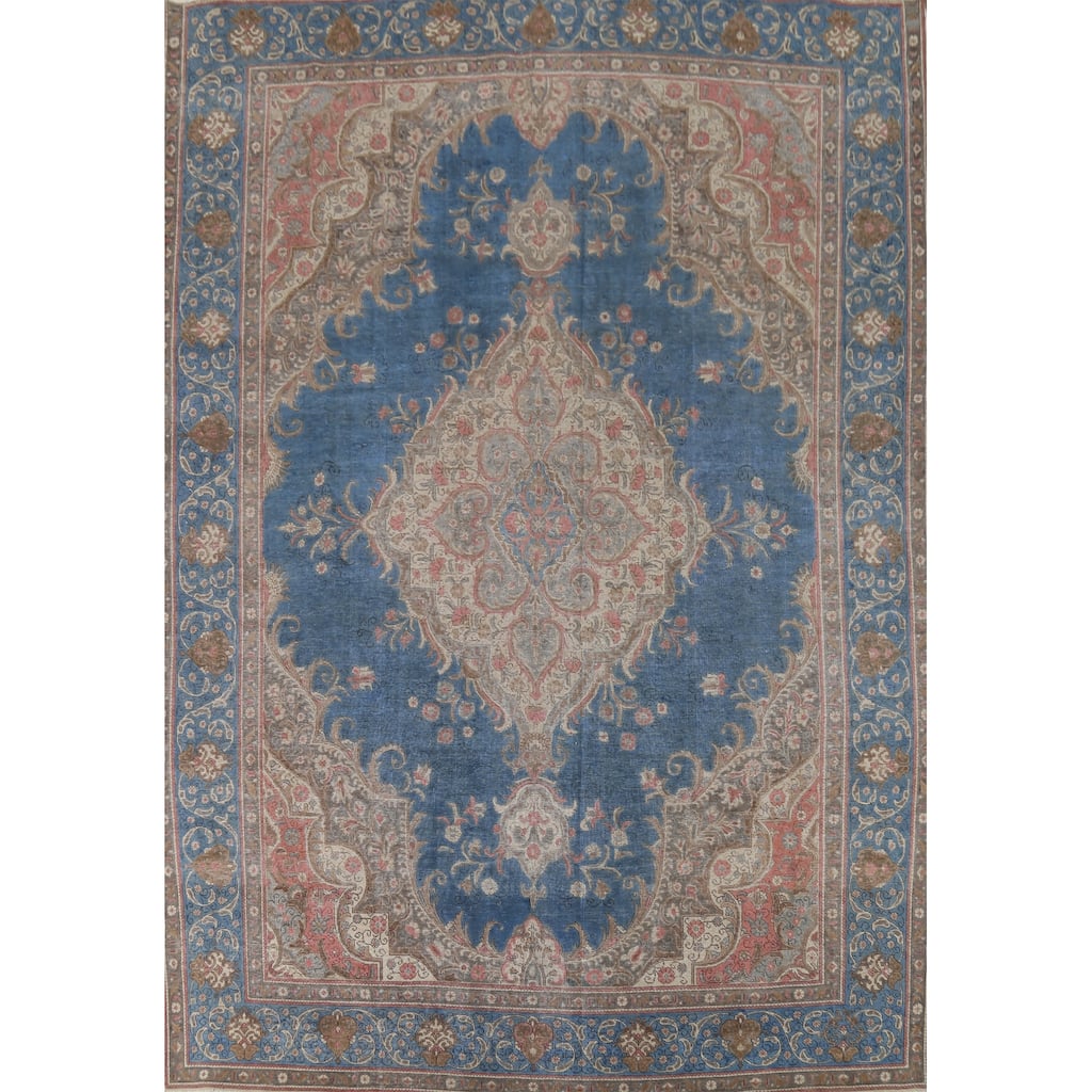 Distressed Tabriz Persian Vintage Rug Hand-Knotted Blue Wool Carpet - 10'0"x 13'4"