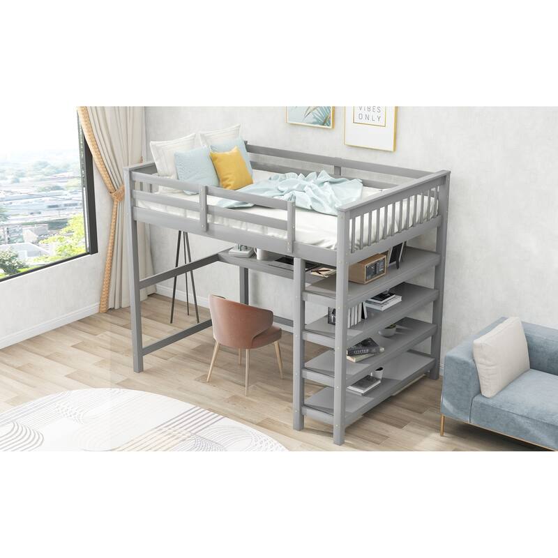 Full/Twin Loft Bed with Integrated Desk and Shelves, Space-Saving Wooden Frame, Durable Pine Wood and MDF, Guardrails Included
