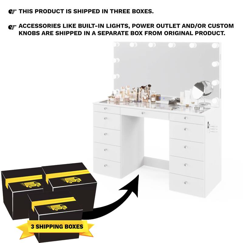 Boahaus Elle Makeup Vanity with Bluetooth Speaker, 12 Lights, and 11 Drawers
