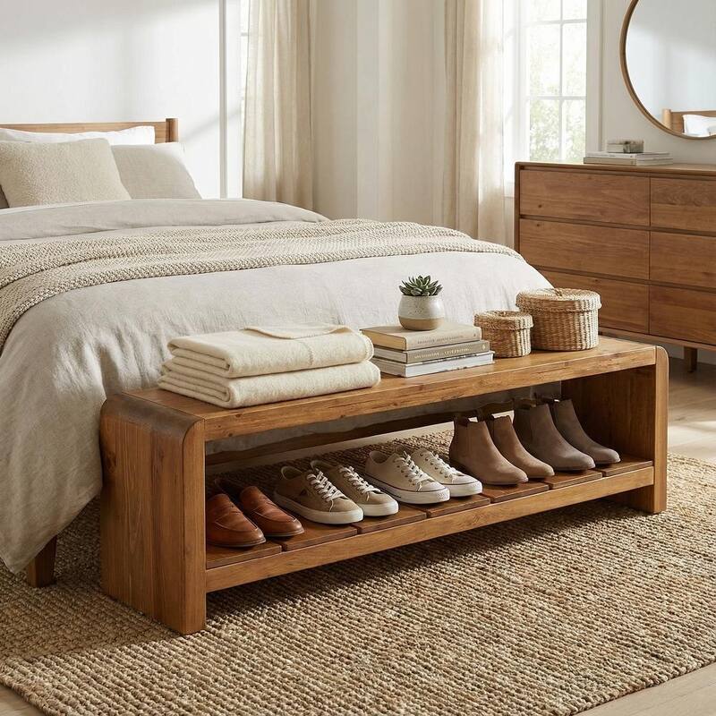 Solid Wood Entryway Bench, 59 Inch Long Shoe Bench with Open Shelf