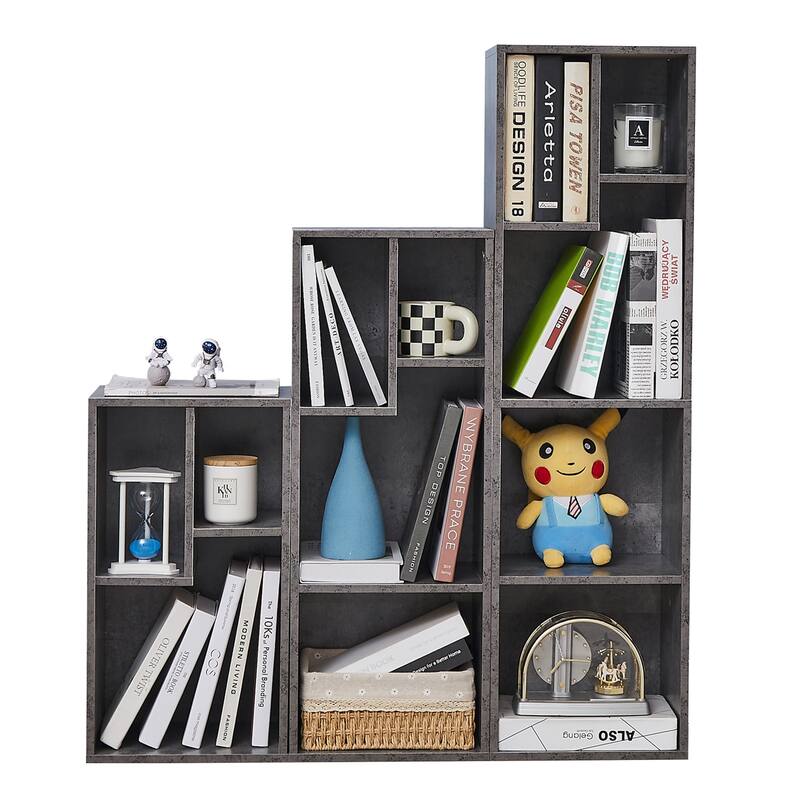 L Shaped Freestanding Ladder Corner Bookshelf, 12 Cubes Stepped Etagere Bookcase, Wooden Storage Cabinet Display Shelf - Grey