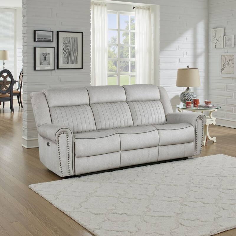 Ben Power Reclining Sofa, 89 Inch, Gray Microfiber, Nailhead Trims