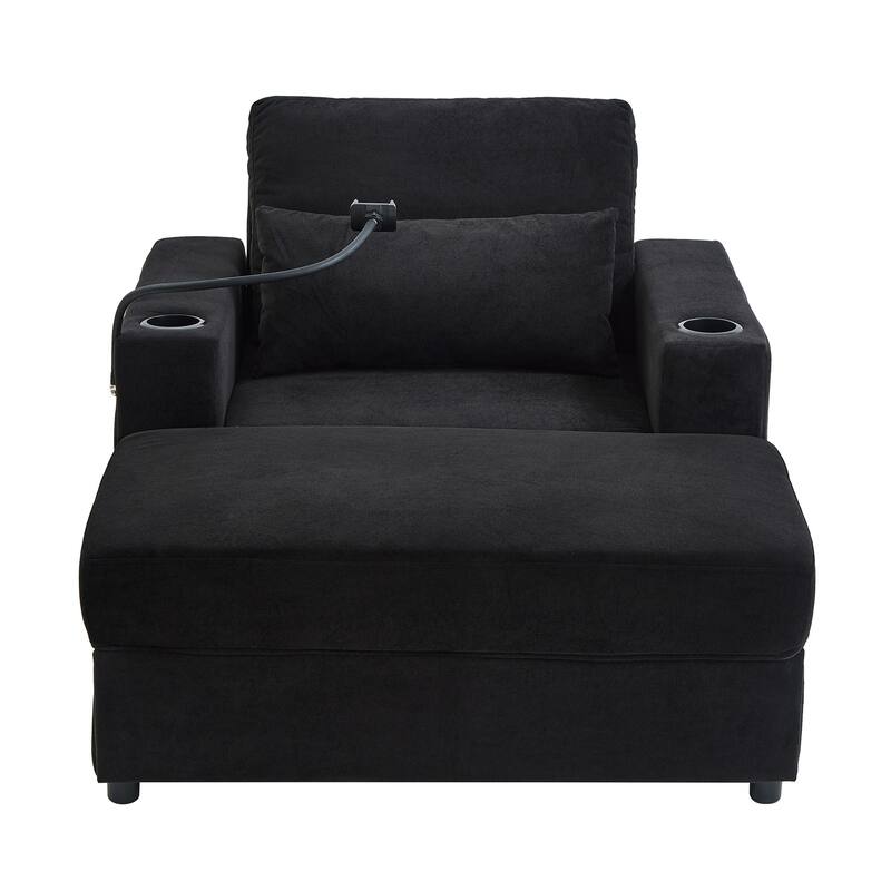 Chaise Lounge Sofa Couch with a Movable Storage Ottoman, Two USB Ports, Two Cup Holders, a Phone Holder，Side Pockets