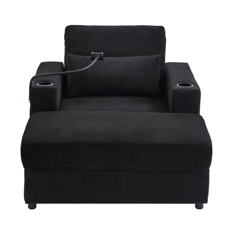 Modern Style Armchair with a Movable Storage Ottoman, Two USB Ports, Two Cup Holders, a Phone Holder and Side Pockets