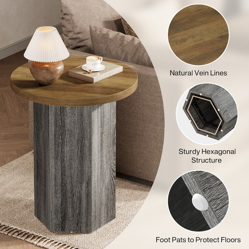 Round End Table, Farmhouse Wooden Drink Side Table with Hexagonal Pedestal