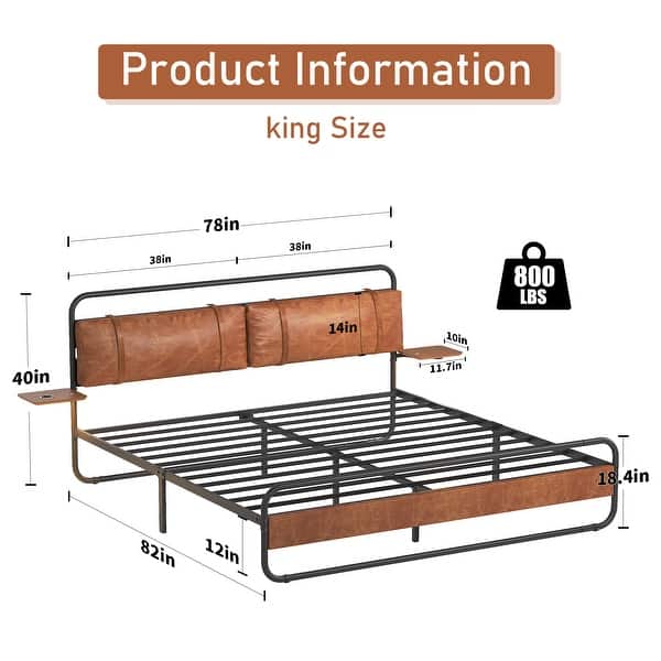 King Metal Platform Bed with Charging Ports, LED Light & Storage, Antique Brown