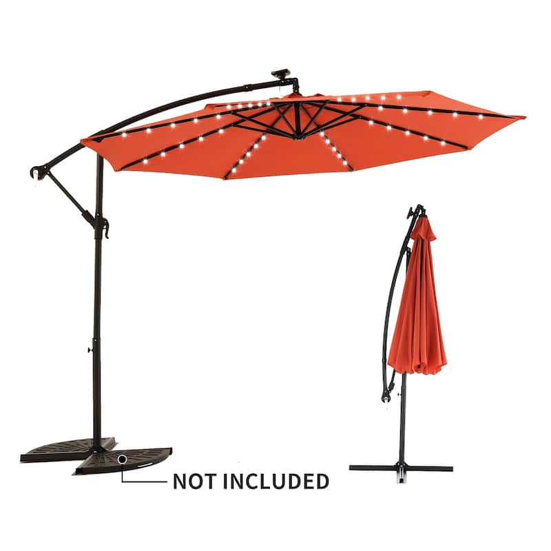 Outdoor Patio 10-Ft Solar LED Offset Hanging Umbrella - Red Orange