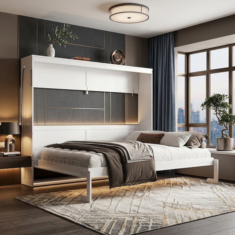 SideFold Murphy Bed with Geometric Art Panels, USB Power Hub & LED Glow by Harper&Bright Designs