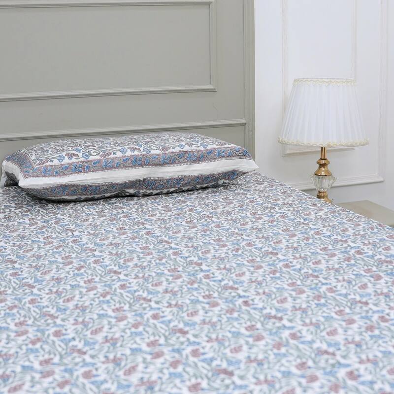 Fabdivine Cotton Hand Block Floral Flat Sheet Bed Room Home Décor Accent Gift - Throny Stem- Purple, Blue, Grey - Twin XL