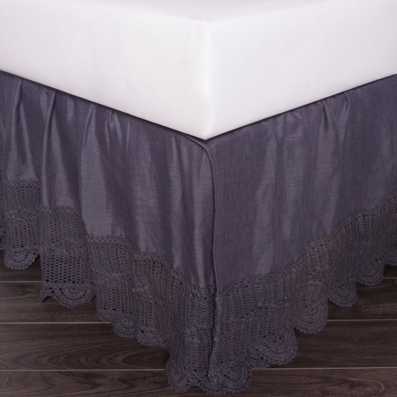 Eveline Linen Steel Blue Crochet Bed Skirt, King - King - Steel Blue