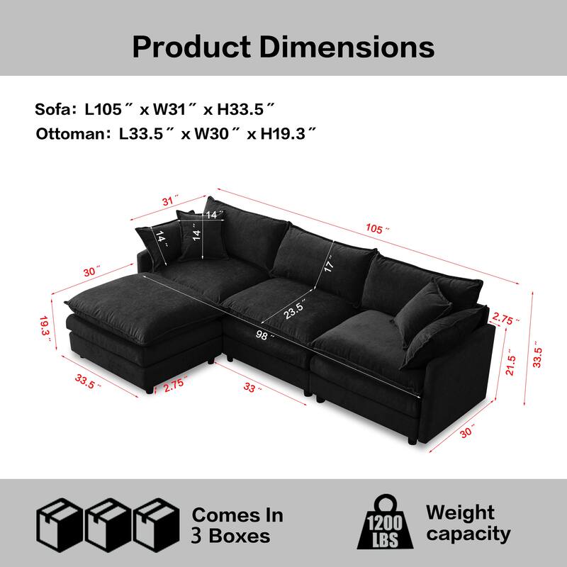 105" L-Shaped Modular Sectional Sofa with Ottoman, Soft Chenille Upholstery, 3-Seater Couch
