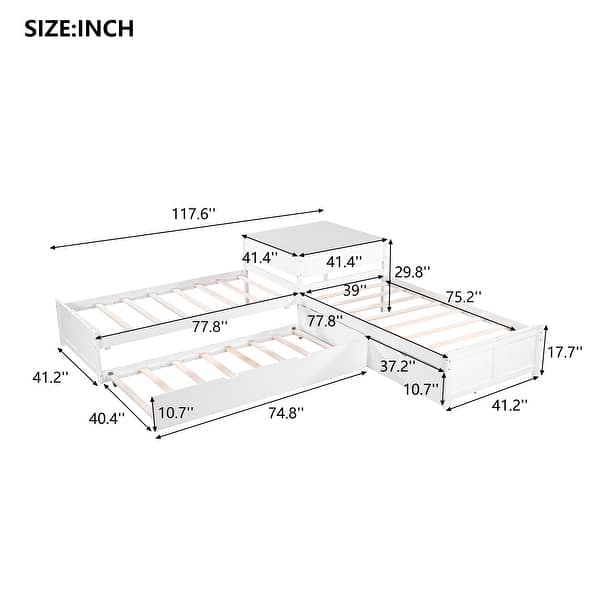 L-shaped Daybed Sets Twin Size Platform Bed w/Trundle, Drawers & Desk