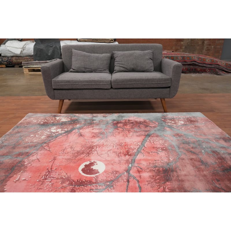 Hand Knotted Oriental Viscose Silk Carpet Modern Pictorial Pink Abstract Area Rug - 7' 2'' X 5' 3''