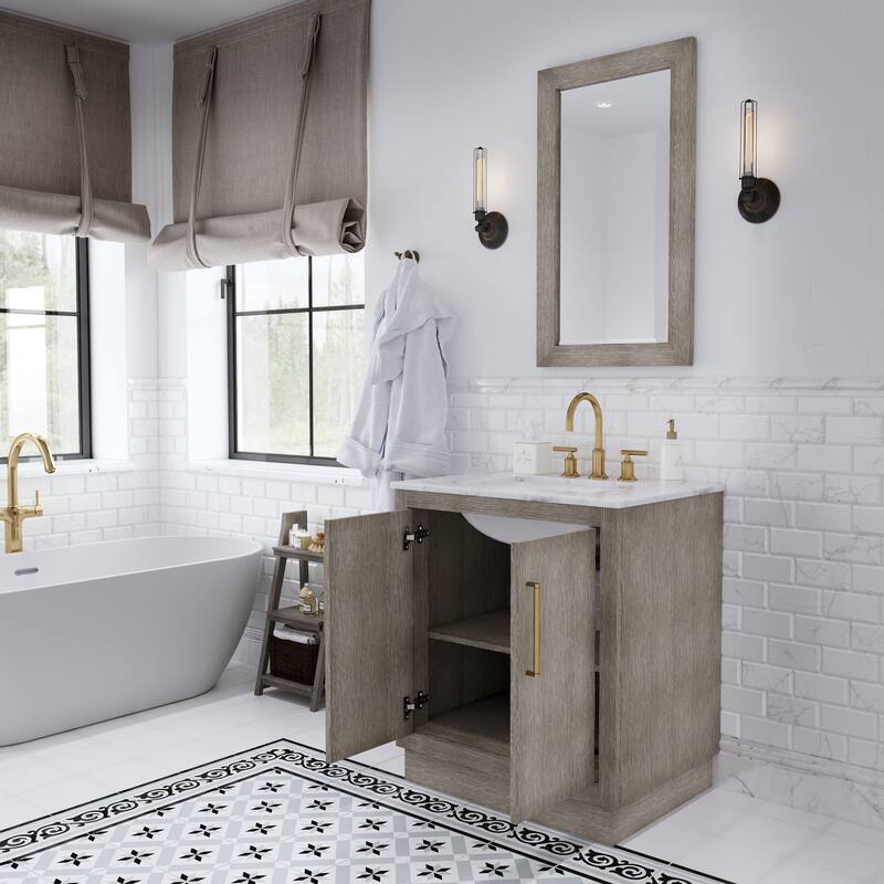 Hugo Carrara Marble Countertop Vanity with Mirror and Gooseneck Faucet