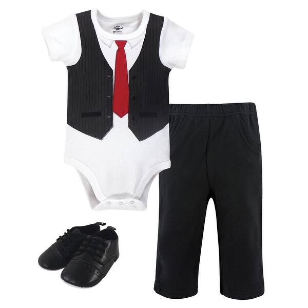 slide 1 of 1, Little Treasure Baby Boy Cotton Bodysuit, Pant and Shoe 3pc Set, Black Red Vest 0-3 Months - Black Red Vest