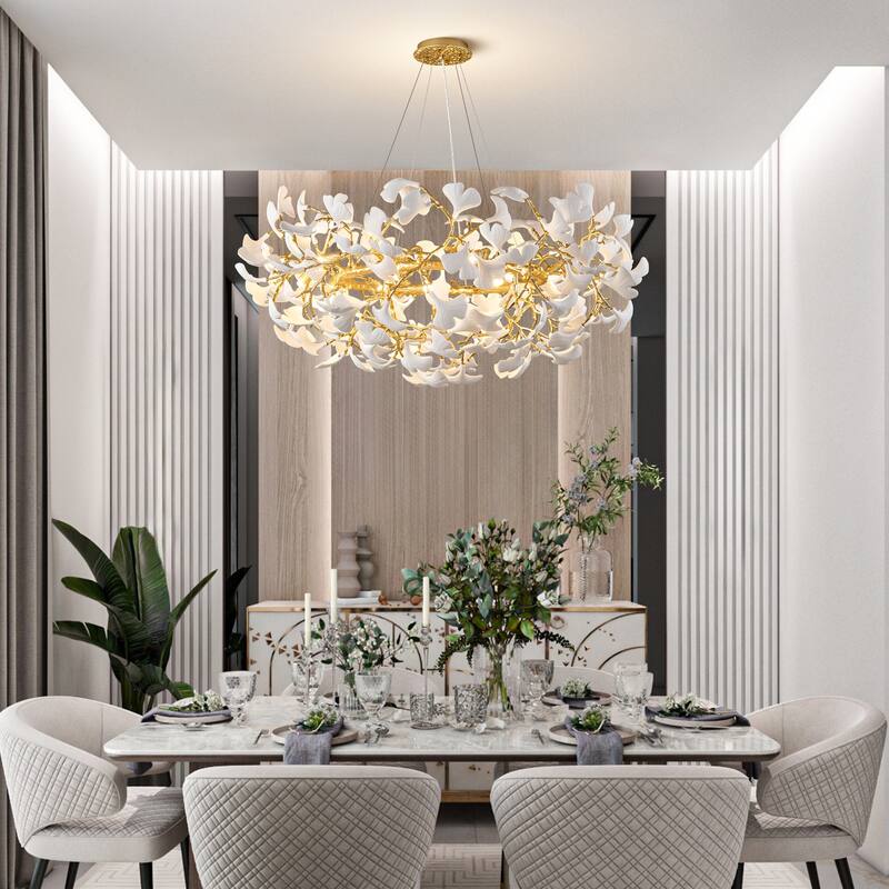 Modern Ginkgo Leaf Ceramic Chandelier, Moon Ring Round Pendant Light, D550-D1200, Gold Finish
