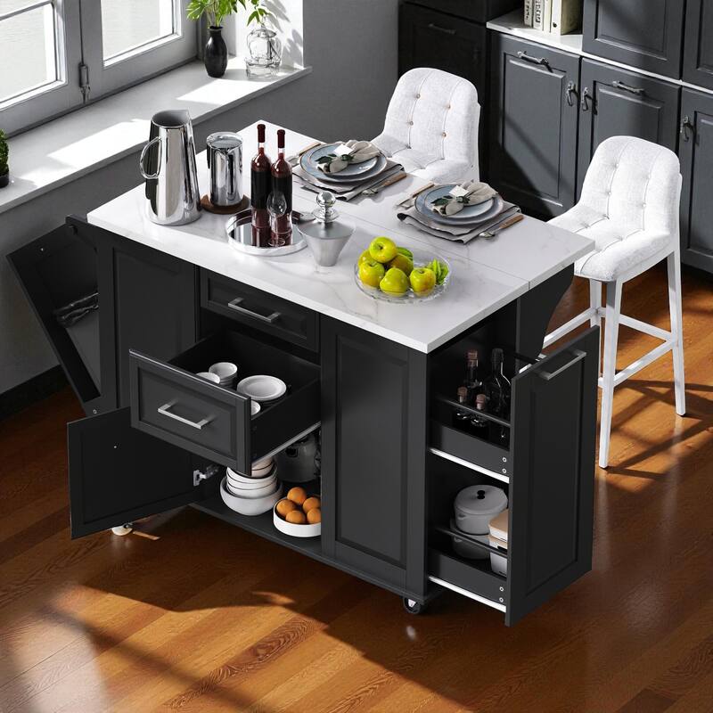 50.7" Rolling Kitchen Island with Tilt Trash Cabinet, Drop Leaf, Pull-Out Organizer, 2 Drawers and 1 Door - Black