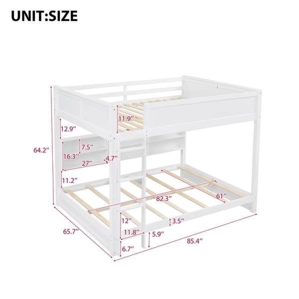 dimension image slide 1 of 2, Solid Wood Bunk Bed with Bookcase and USB Ports, Queen Over Queen Bunk Bedframe with Storage Shelves and Ladder
