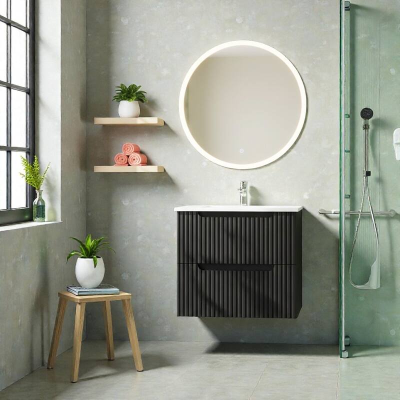 24" Wall Mounted Bathroom Vanity with Ceramic Sink, Floating Cabinet with 2 Soft-Close Drawers, Modern MDF Storage Combo - Black