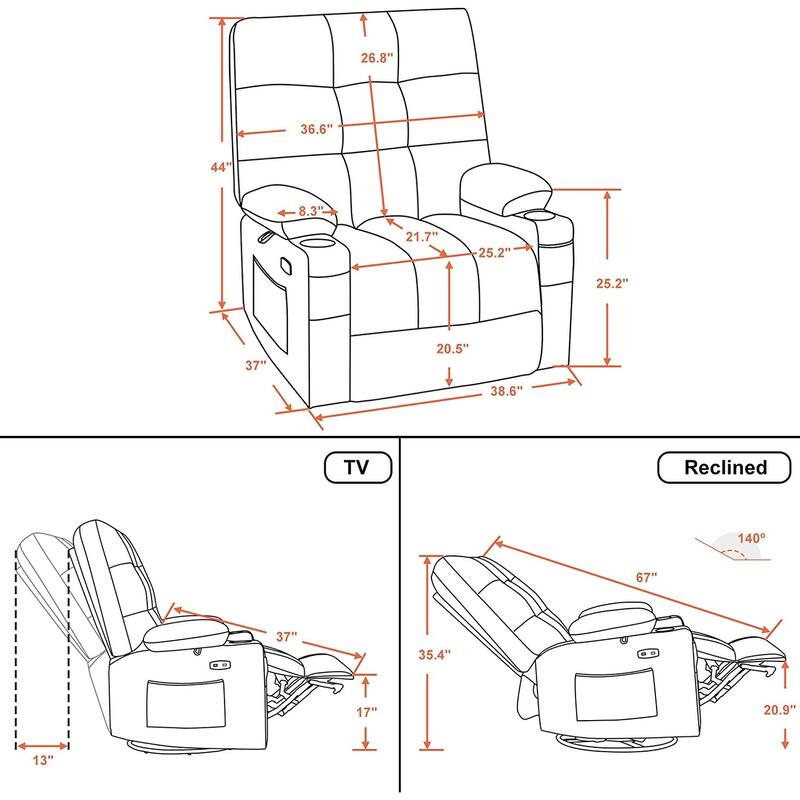 MCombo Large Power Swivel Glider Rocker Recliner Chair with Massage and Heat, Faux Leather 7748