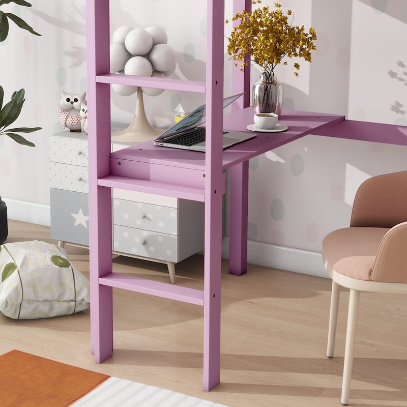 Pink Twin High Loft Bed with Safety Guardrail, Built-in Desk and Ladder, Rubber Wood Construction