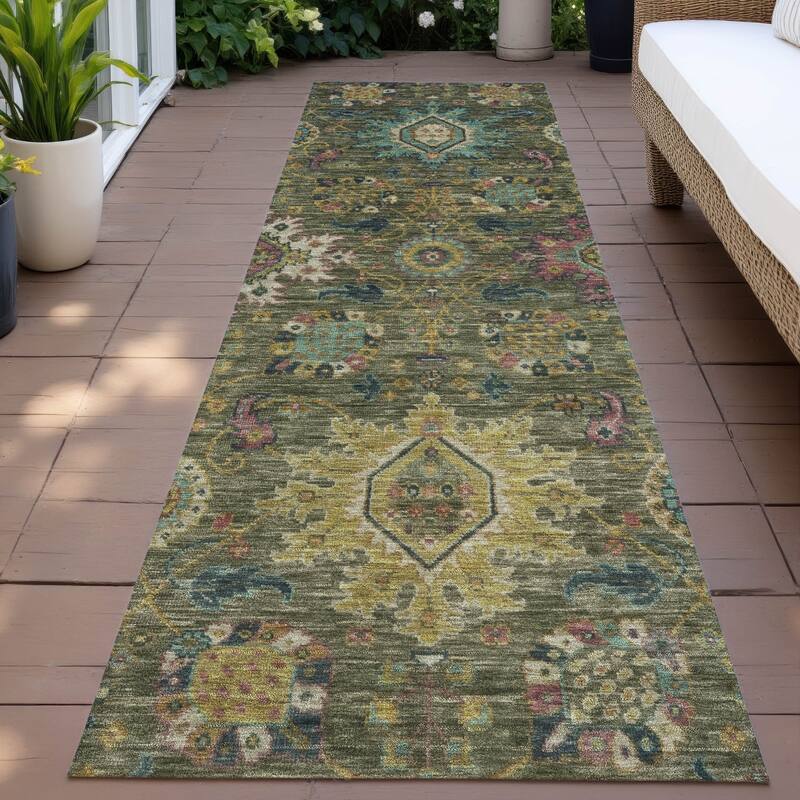 Machine Washable Indoor/Outdoor Boho Traditional Chantille Rug - Olive - 2'3" x 7'6"