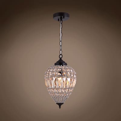 Bronze Beaded Amber Crystal 1 Light Island Pendant 12" Chandelier - 9" Wide x 12" Height