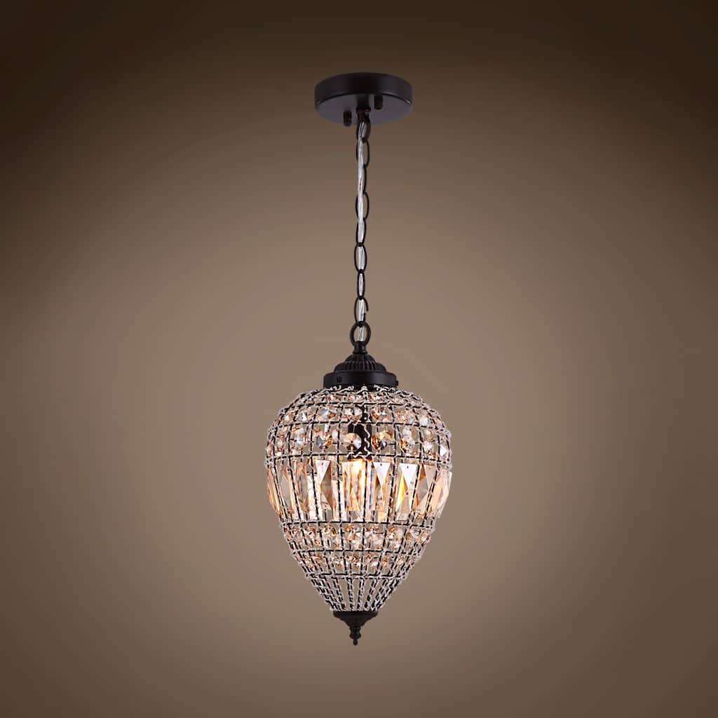 Bronze Beaded Amber Crystal 1 Light Island Pendant 12" Chandelier - 9" Wide x 12" Height